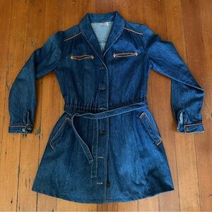 Vintage 1970s Denim Trench Coat Tunic Jacket Tailored Belted Waist Mod Mini-Coat